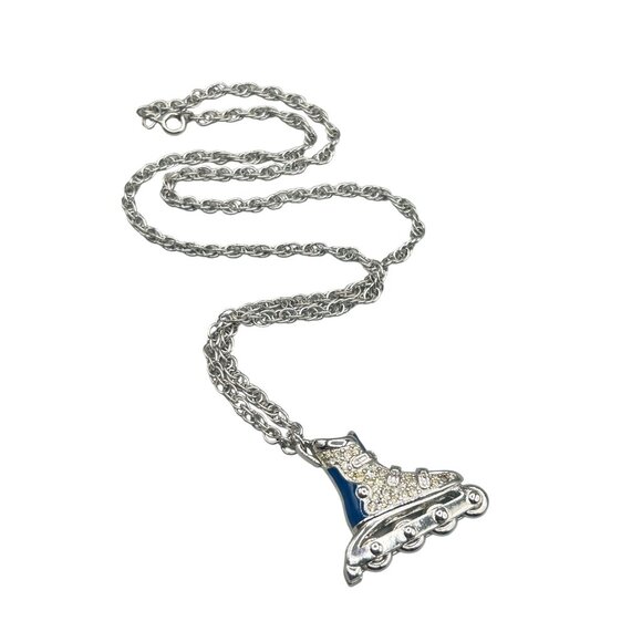 Vintage Swarovski Swan Rollerblade Skate Pendant Necklace Spinning Wheels - Picture 1 of 11